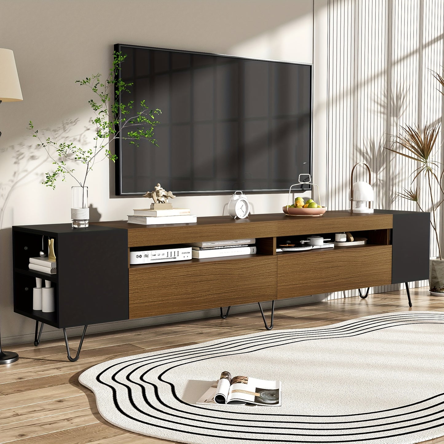 Modern TV Stand 180cm - Black & Wood Finish Engineered Wood & Composite Construction, Minimalist Design with Open Shelves & Closed Storage, Sturdy Metal Legs for Living Room, Bedroom, Home Theater, Tv Table for Living Room