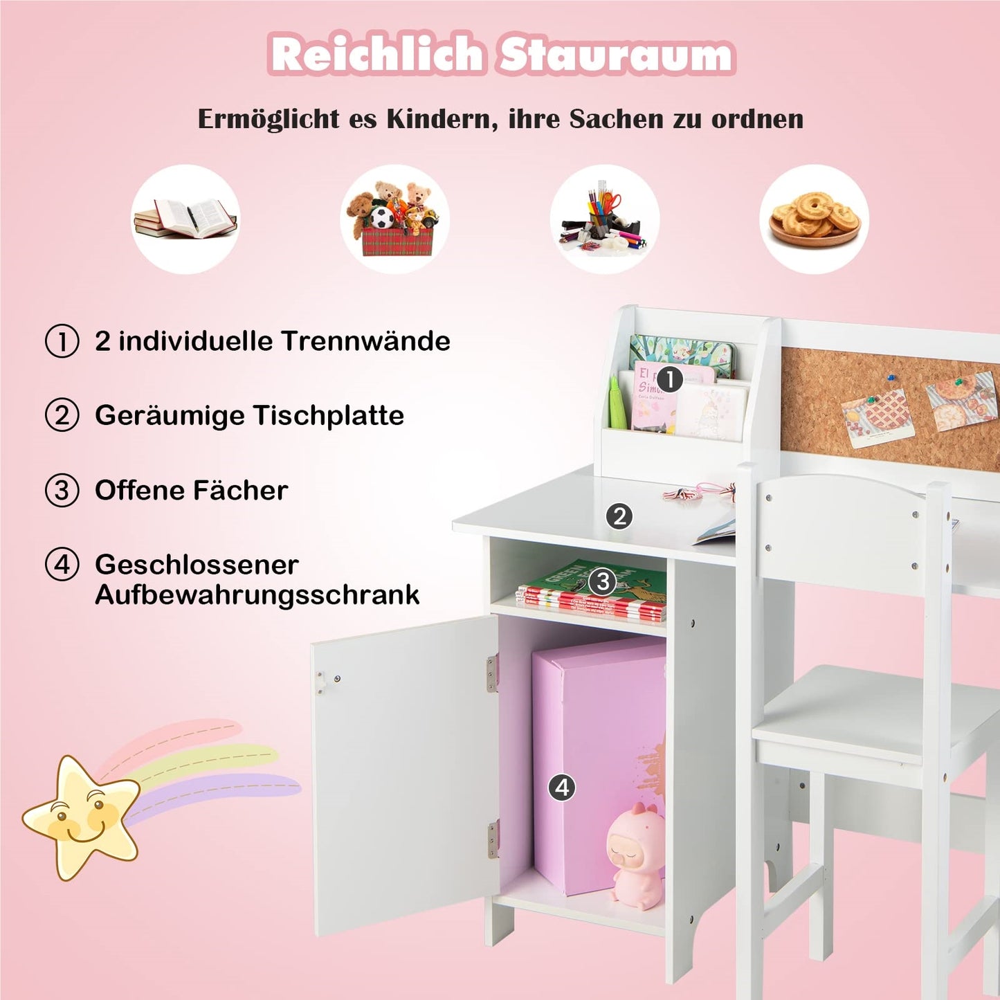 Kinderbureau – Bureautje – Studietafel – Kindertafel – Bureau Set – Inclusief Stoel – Met Boekenkast & Magnetisch Bord – Wit – Ergonomisch Design – Duurzaam MDF Hout