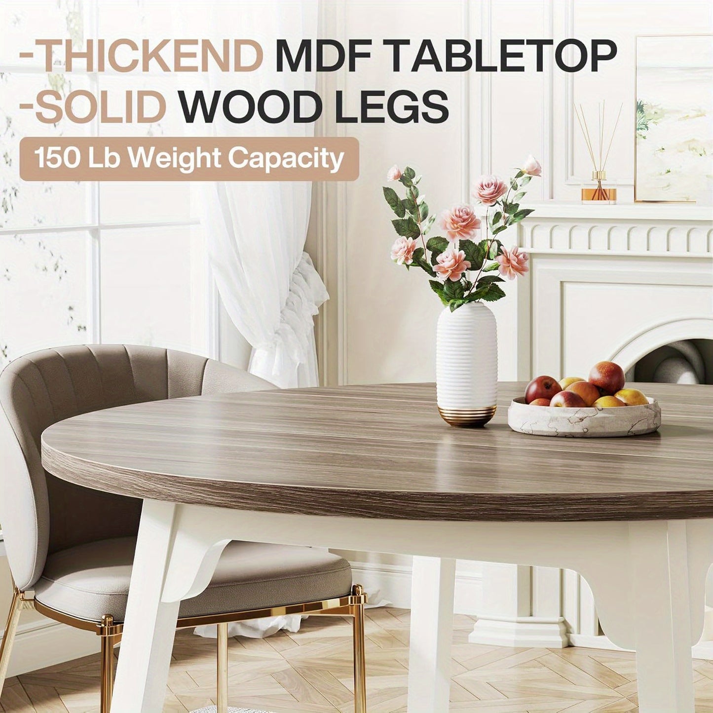 Eettafel – Ronde Tafel – Keukentafel – Tafeltje – Eetkamertafel – Industrieel Design – Massief Houten Poten – 120 cm Diameter – Ruimtebesparend – Wit-Grijs Licht Hout