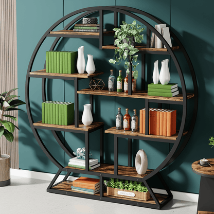 Ronde Boekenkast – Boekenplank – Boekenkast – Opbergkast – Displaykast – Rustic Brown – Ruimtebesparend Circulair Design – Stevige Houten Constructie met Zwart Metaallook