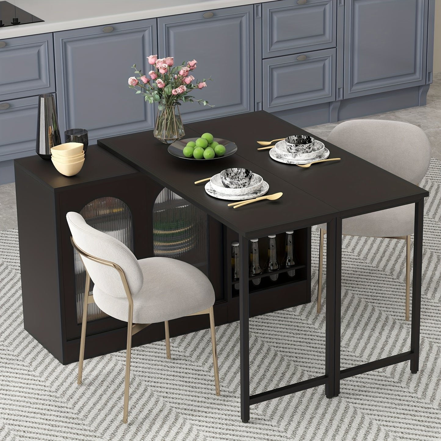 Draaibare Bartafel – Bar Tafel – Hoog Tafel – Barkeuken Meubel – Opbergtafel – Zwart – 360° Rotatie – Ruime Opbergruimte Met Glazen Deurtjes