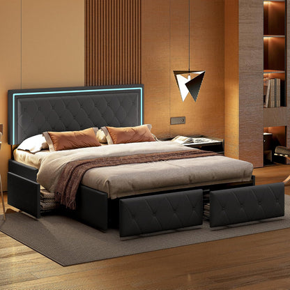 Tweepersoonsbed – Bedframe – Bed – Slaapbed – Ledikant – Donkergrijs – 160x200 cm – 4 Uitschuifbare Laden – Verstelbaar Hoofdbord