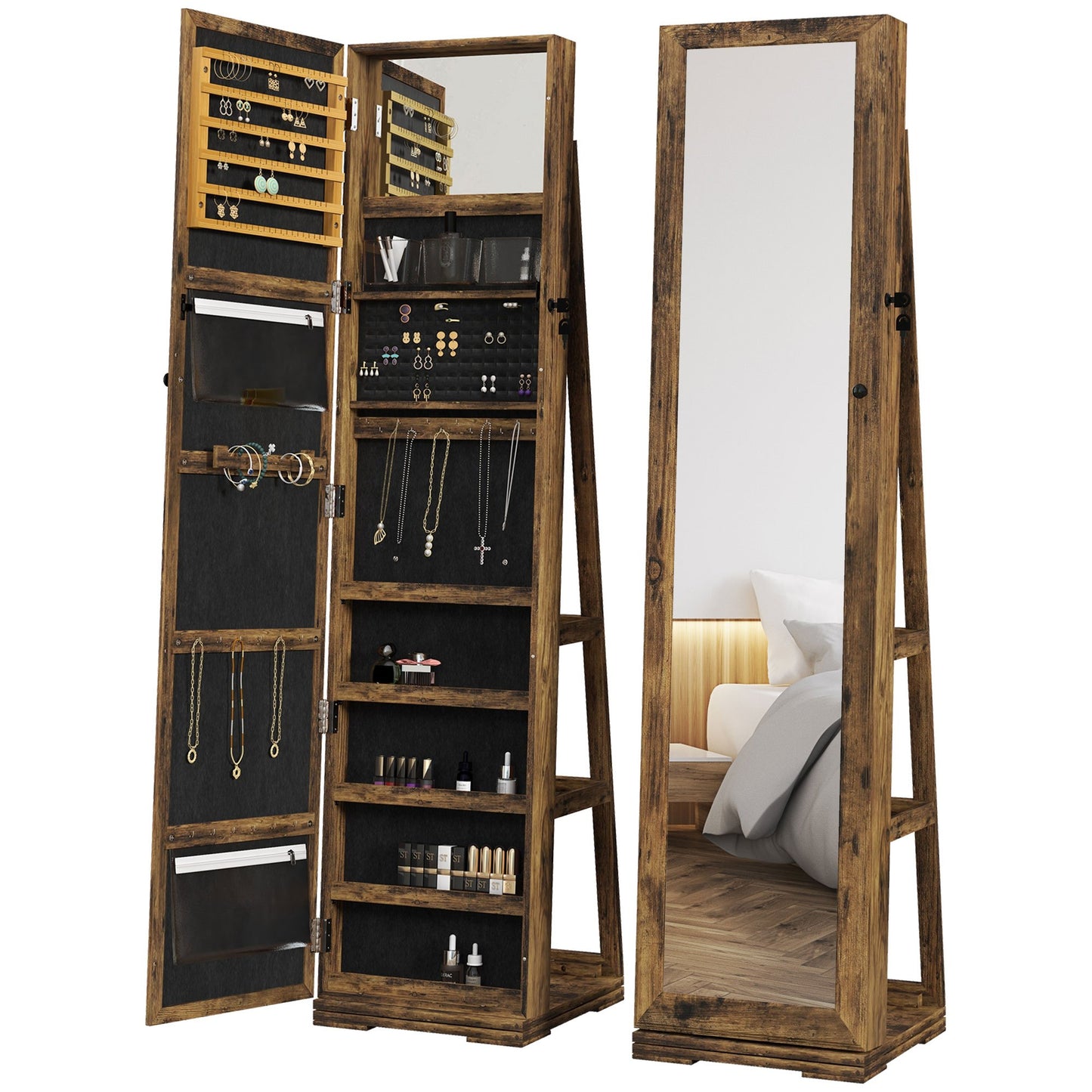 Draaibare Sieradekast – Sieradenkast – Sieradenbox – Jewelry Armoire – Sieradenkistje – Met Spiegel – Lockbaar – Compacte Opbergruimte Chestnut