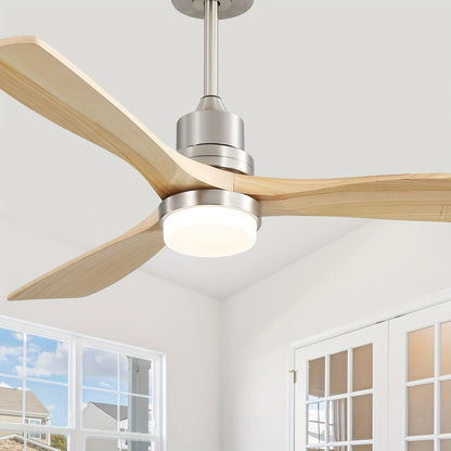 Plafondventilator – Ventilator – Luchtcirculator – Plafondwaaier – Houtventilator – Brushed Nickel Met Massief Houten Bladen – 132 cm – Dimbare LED-verlichting & Reversibele Stille DC Motor