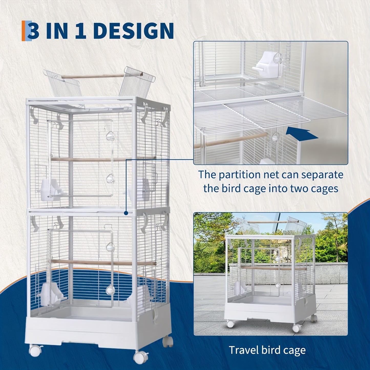 2-in-1 Travel Bird Cage & Playground Stand with 2-Level Parrot Carrier - 111.76cm White Portable Bird aviary for medium/small birds, Lockable Wheels, Removable Grid, Slide-Out Tray, Perches & Feeding Cups - Ideal for, Vet Vis