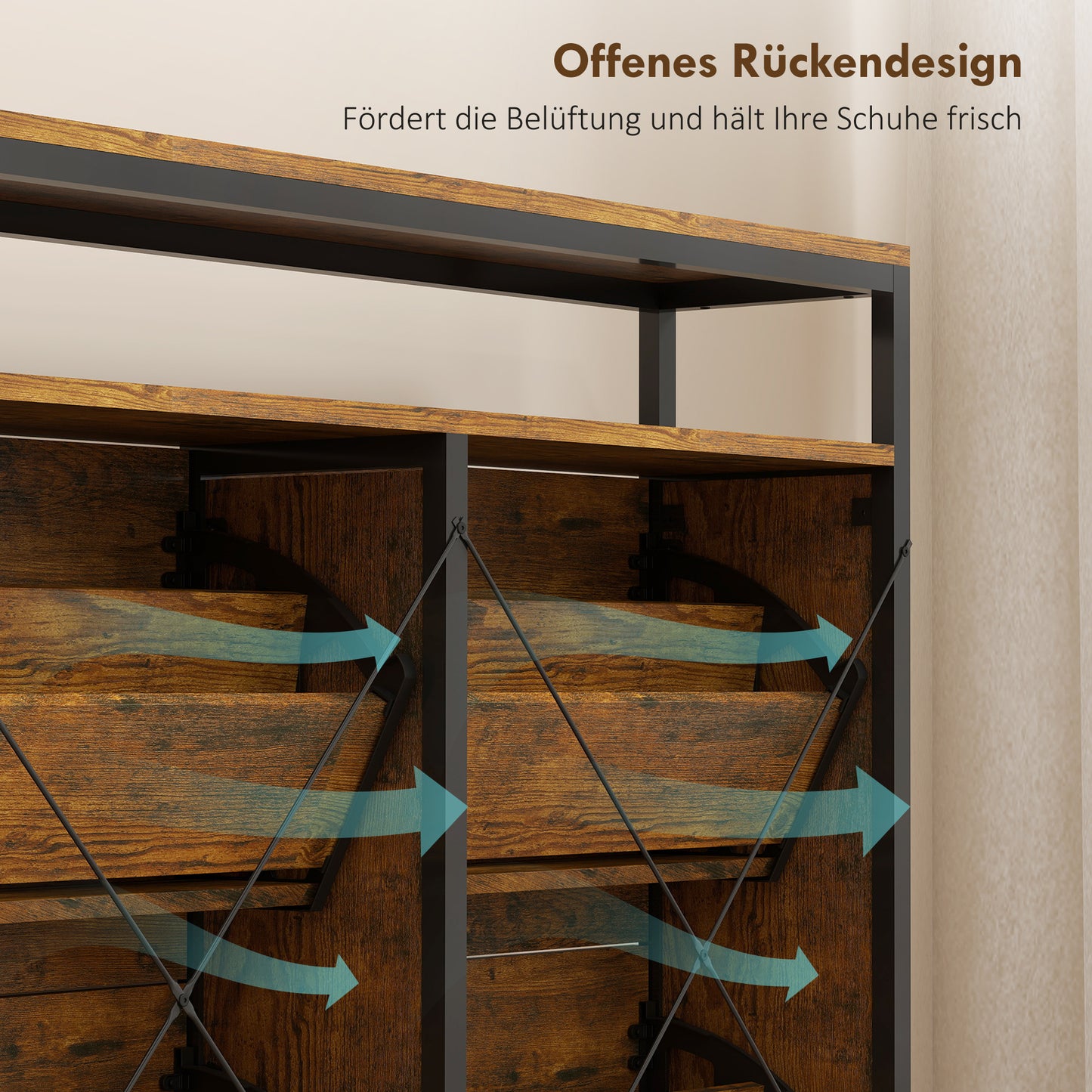 Schoenenkast – Schoenenrek – Schoenenopberger – Schoenendisplay – Schoenenmeubel – Rustic-Bruin – Smal Ontwerp – 4 Opvouwbare Lades