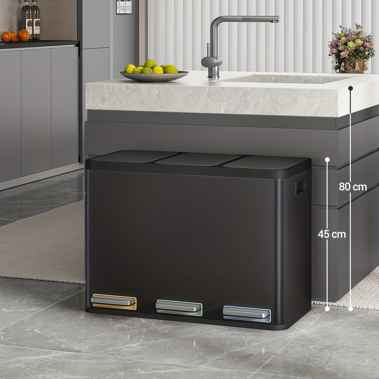 Keuken Prullenbak – Afvalbak – Vuilnisbak – Afvalscheidingssysteem – Pedalenbak – RVS 45L – 3 Compartimenten – Stil Sluitmechanisme – Zwart