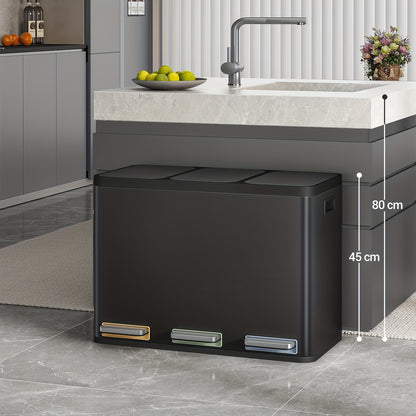 Keukenafvalbak – Afvalscheidingssysteem – Vuilnisbak – Pedal Bin – RVS Afvalemmer – 45L (3x15L) – Soft-Close Demping – Kleurgecodeerde Voetpedalen – Wit