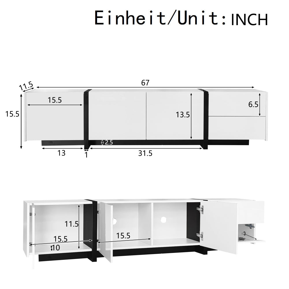 TV-meubel – Mediameubel – Tv-kast – Tv-dressoir – Wit hoogglans – Met Zwarte Poten – Veel Opbergruimte – Duurzame Niet-Houten Constructie