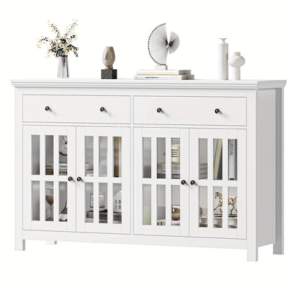 Dressoir – Sideboard – Opbergkast – Buffetkast – Kast – Wit – 140x90,7x40 cm – 2 Lades & 4 Glazen Deuren – Verstelbare Planken – Spaanplaat – Stevig & Ruim