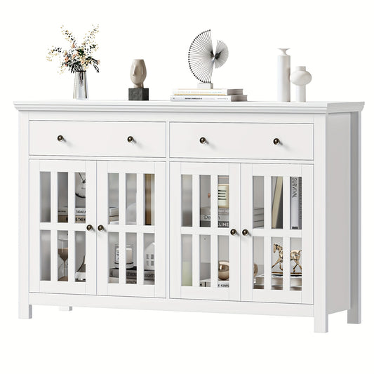 Dressoir – Sideboard – Opbergkast – Buffetkast – Kast – Wit – 140x90,7x40 cm – 2 Lades & 4 Glazen Deuren – Verstelbare Planken – Spaanplaat – Stevig & Ruim