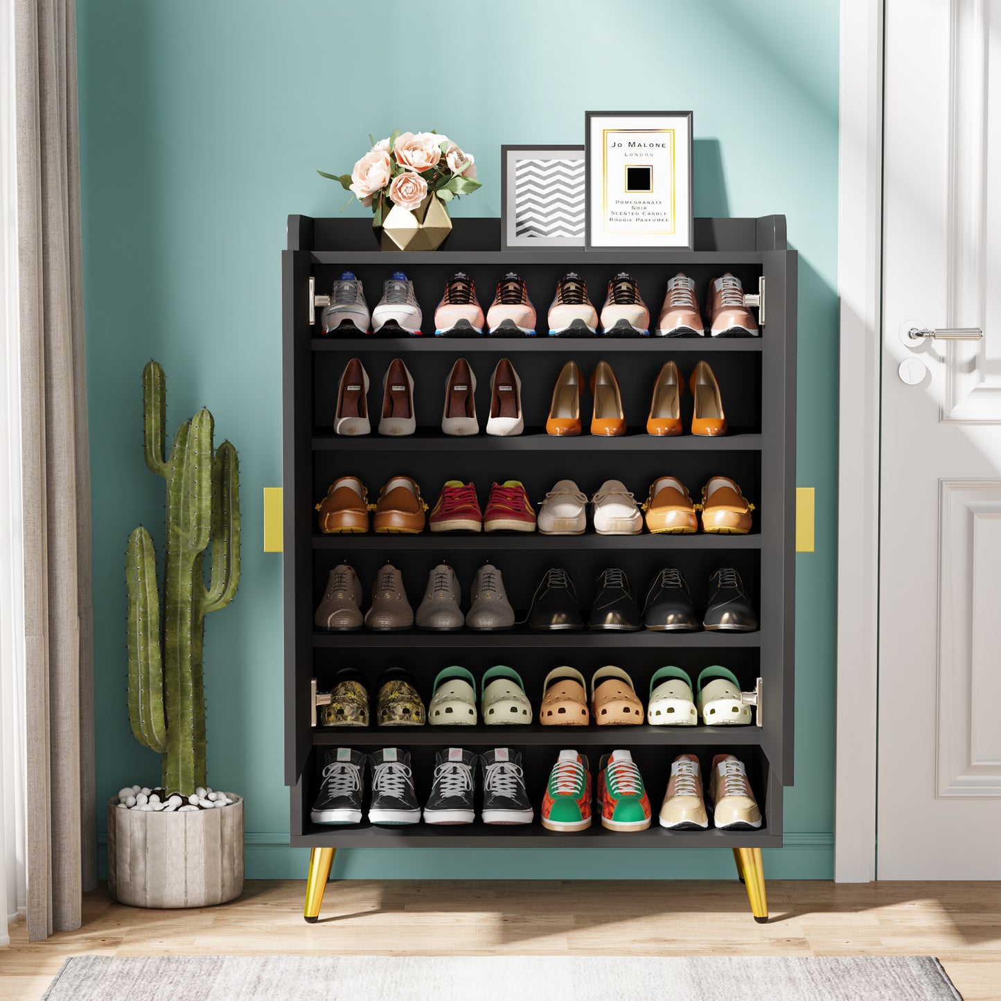 7-laags Schoenenkast – Schoenenrek – Schoenopberger – Schoenentoren – Schoenenkast met Deuren – Verstelbare Planken – Zwart MDF – Ruimtebesparend Vertical Design