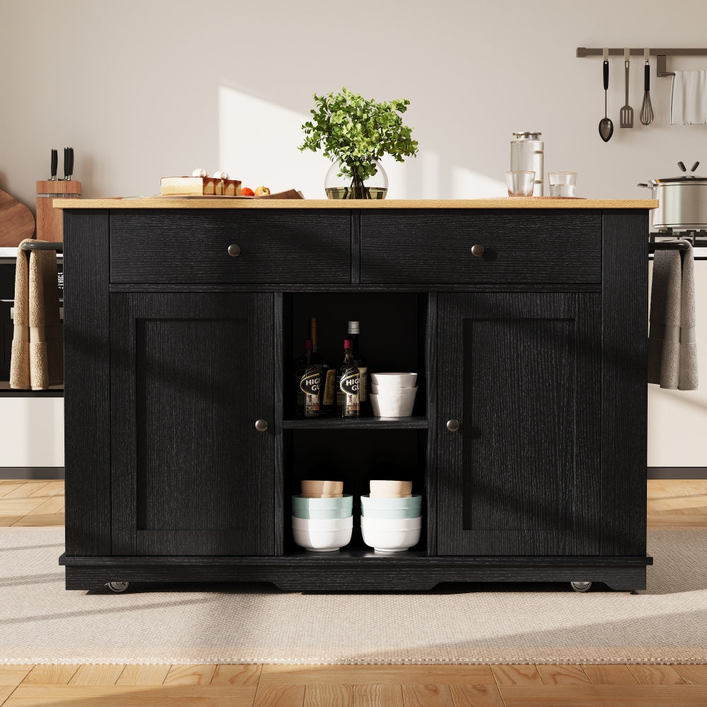 Heavy-Duty Metal Kitchen Island Cart with Worktop - Mobile Kitchen Storage Cabinet, 2 Drawers & 6 Compartments, Space-Saving Rolling Kitchen Organizer with Cabinet, for Small/Large Kitchens, Dining Room, or Home - Easy Assemb
