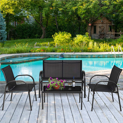 Tuinset 4-delig – Tuinmeubelset – Loungeset – Balkonset – Terrasmeubels – Zwart – Gehard Glas Tafelblad – Comfortabele Mesh Stoelen