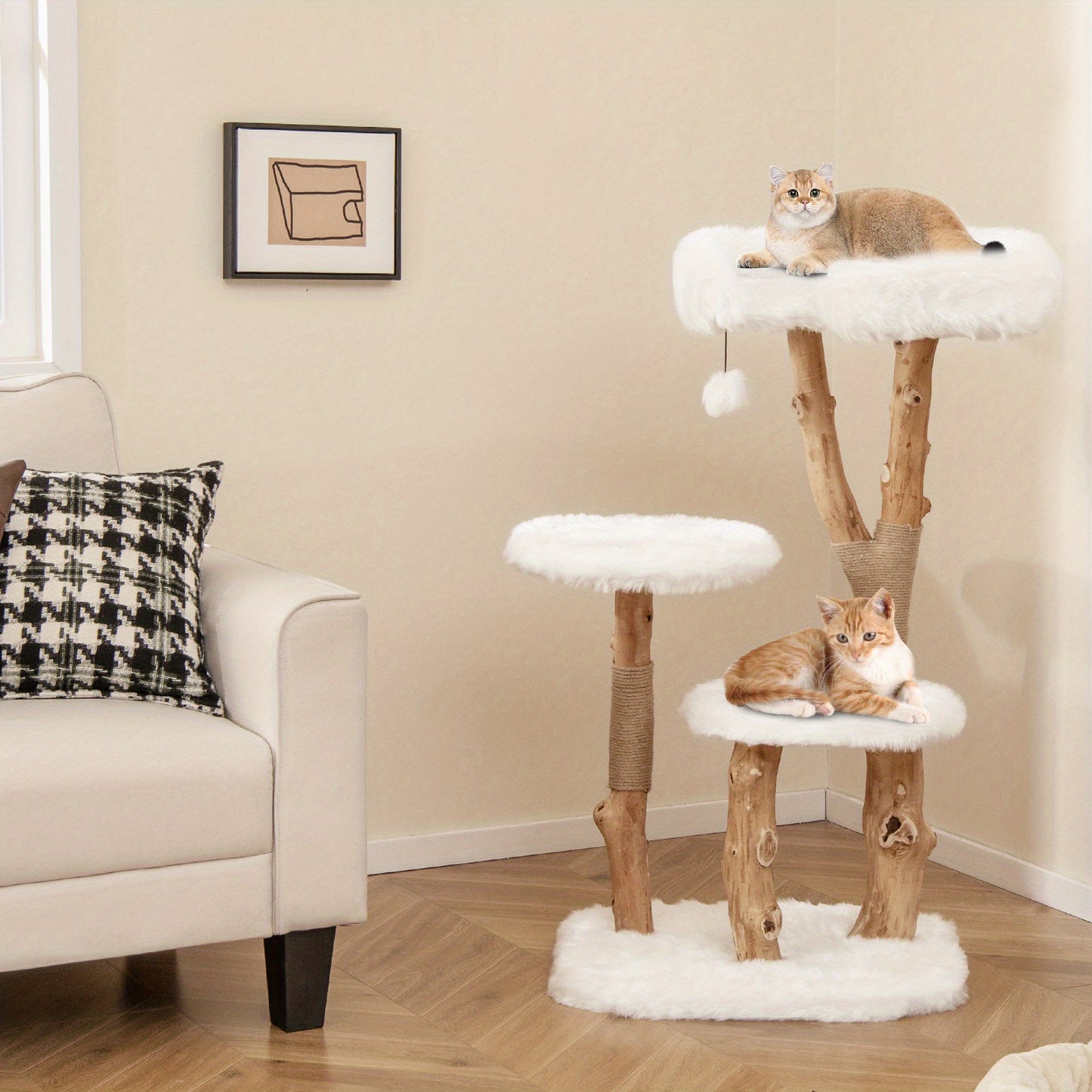 Krabpaal Kat – Kattenboom – Krabmeubel – Klimpaal – Kattenklimtoren – Massief Perenhout – Jute Krabpalen – 111 cm Hoog – Zachte Pluche Ligplekken