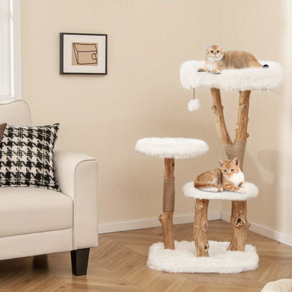 Krabpaal Kat – Kattenboom – Krabmeubel – Klimpaal – Kattenklimtoren – Massief Perenhout – Jute Krabpalen – 111 cm Hoog – Zachte Pluche Ligplekken