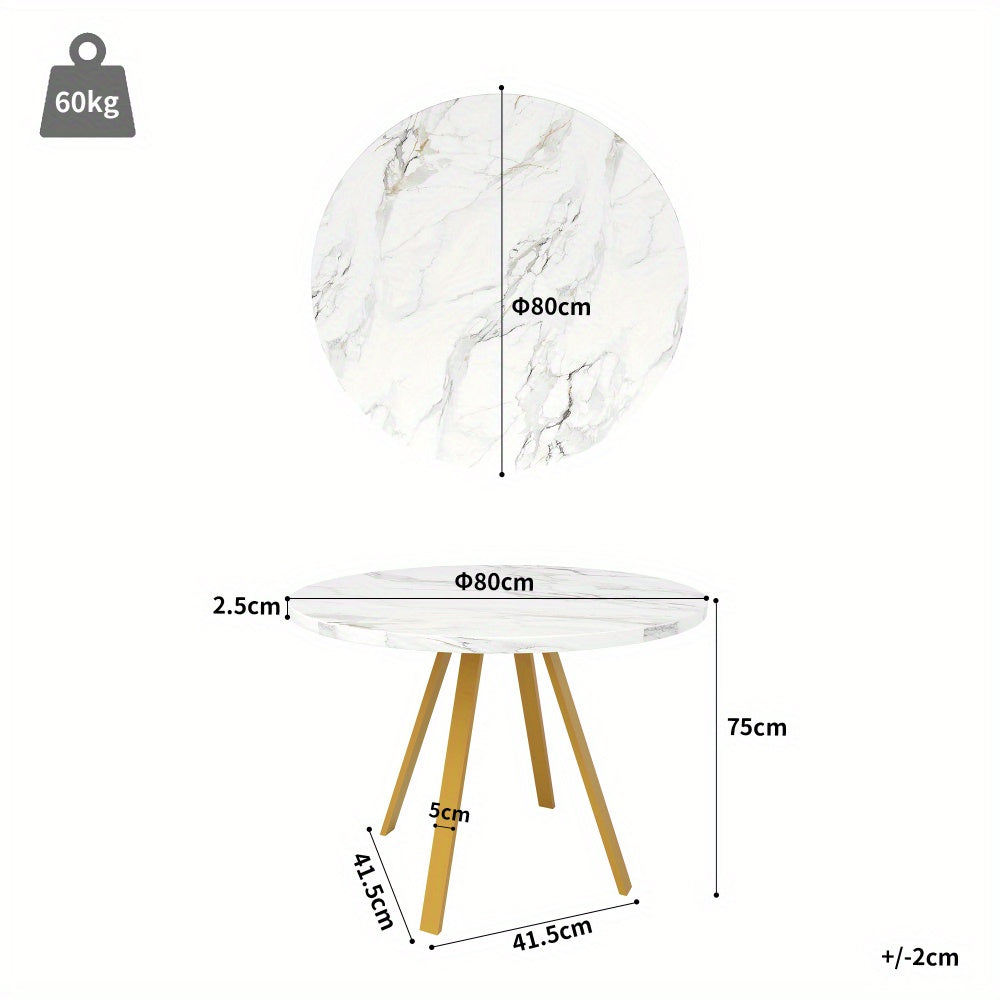 Ronde Eettafel – Ronde Tafel – Keukentafel – Eettafel 4 Personen – Koffietafel – Metalen Gouden Poten – Witte Marmerlook – 80x80x75 cm