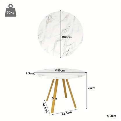 Ronde Eettafel – Ronde Tafel – Keukentafel – Eettafel 4 Personen – Koffietafel – Metalen Gouden Poten – Witte Marmerlook – 80x80x75 cm