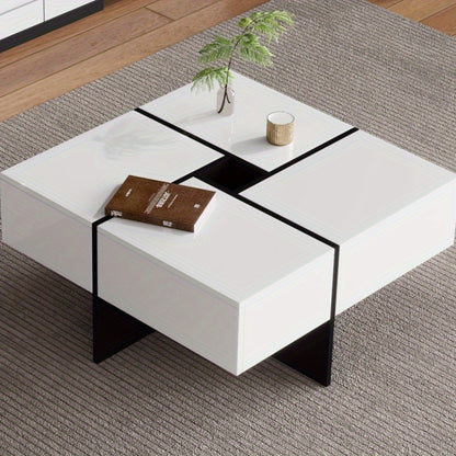 Salontafel – Woonkamertafel – Koffietafel – Tafel – Bijzettafel – Hoogglans Zwart – Vierkant 70x70x35 cm – 4 Opbergladen – Max. Belastbaar 30 kg