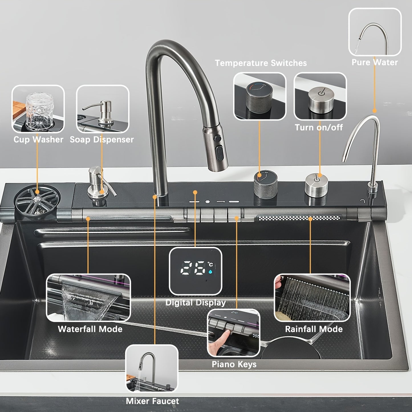 RVS Spoelbak – Keukenspoelbak – Inbouwspoelbak – Spoelbak Met Kraan – Enkele Kom – Donkergrijs – Ruimtebesparend Design – Krasbestendig RVS