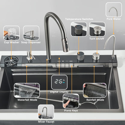 RVS Spoelbak – Keukenspoelbak – Inbouwspoelbak – Spoelbak Met Kraan – Enkele Kom – Donkergrijs – Ruimtebesparend Design – Krasbestendig RVS