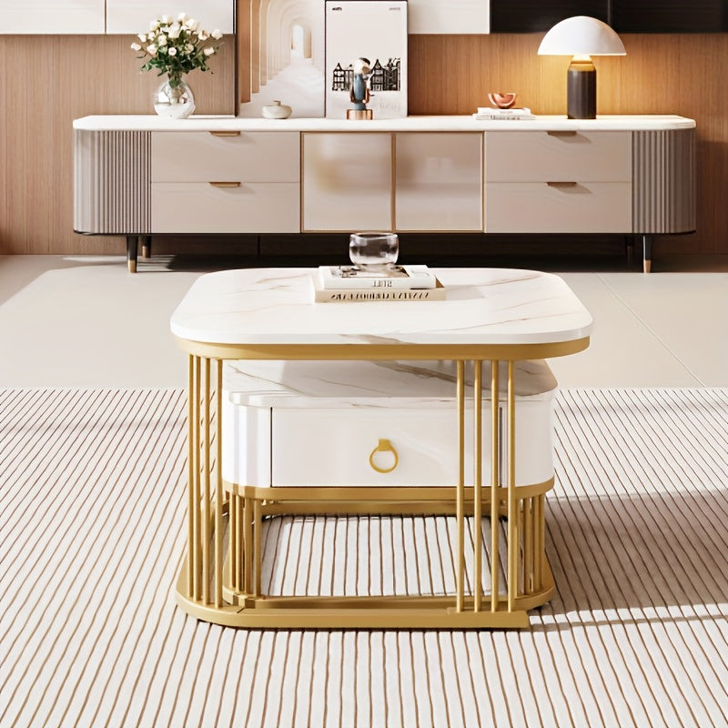 Salontafel Set – Koffietafel – Bijzettafel – Opbergtafel – Nesting Tafel – Hoogglans Wit Met Gouden Accenten – Uitklapbaar Design Met Lades