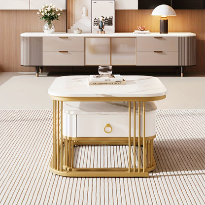 Salontafel Set – Koffietafel – Bijzettafel – Opbergtafel – Nesting Tafel – Hoogglans Wit Met Gouden Accenten – Uitklapbaar Design Met Lades