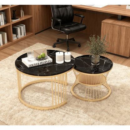 Salontafel – Bijzettafel – Nesting Tafel – Woonkamertafel – Balkon Salontafel – Metaal Frame – Marmerlook – Set Van 2 – Ronde Bladen – Ruimtebesparend – Lichtgewicht