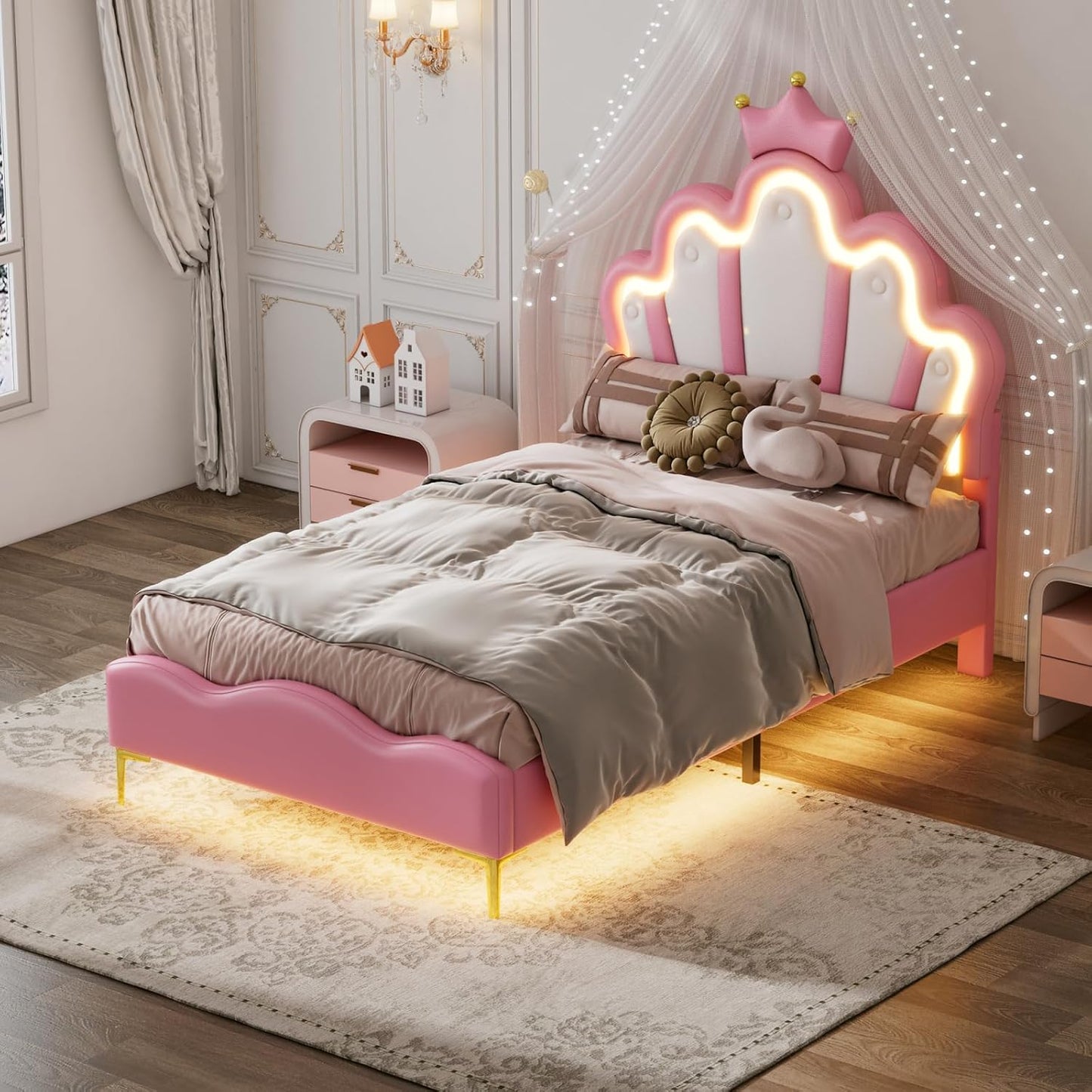 Gestoffeerd Eenpersoonsbed 90x200 cm – Eenpersoonsbed – Bedframe – Lattenbodem – Slaapbed – Wolkenvormig Hoofdeinde Met Kroonaccent – Robuuste Constructie Met Kunstleer Bekleding