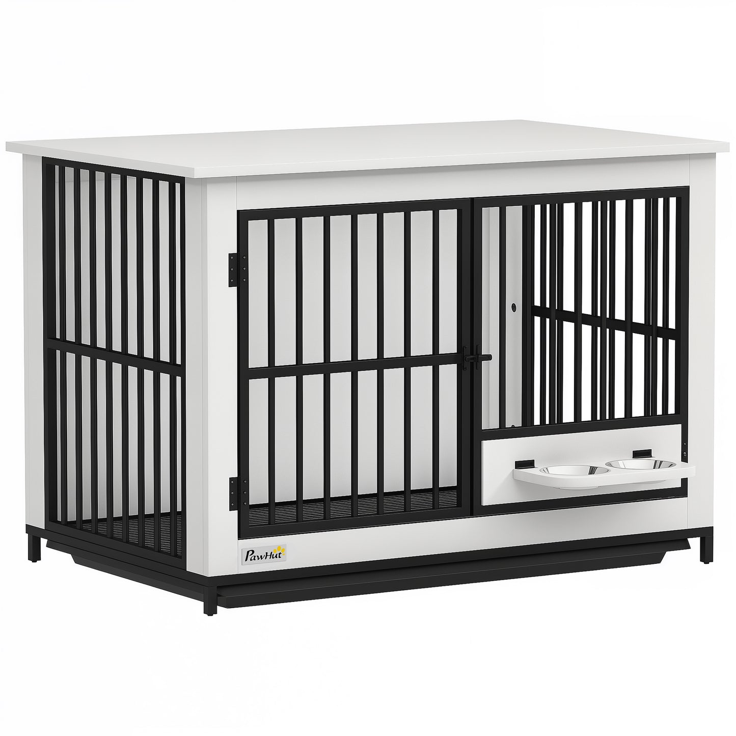 Hondenbench – Hondenkooi – Hondenhok – Draadkooi – Bench – Wit MDF & Metaal – Opvouwbaar Met Draaiende Voerbakken & Veilig Slot
