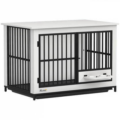 Hondenbench – Hondenkooi – Hondenhok – Draadkooi – Bench – Wit MDF & Metaal – Opvouwbaar Met Draaiende Voerbakken & Veilig Slot