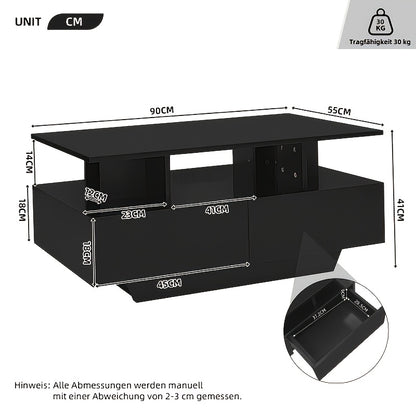 Moderne Salontafel – Bijzettafel – Koffietafel – Tafel Met Laden – Zwarte Hoogglans – 90x55x41 cm – 30 kg Draagvermogen