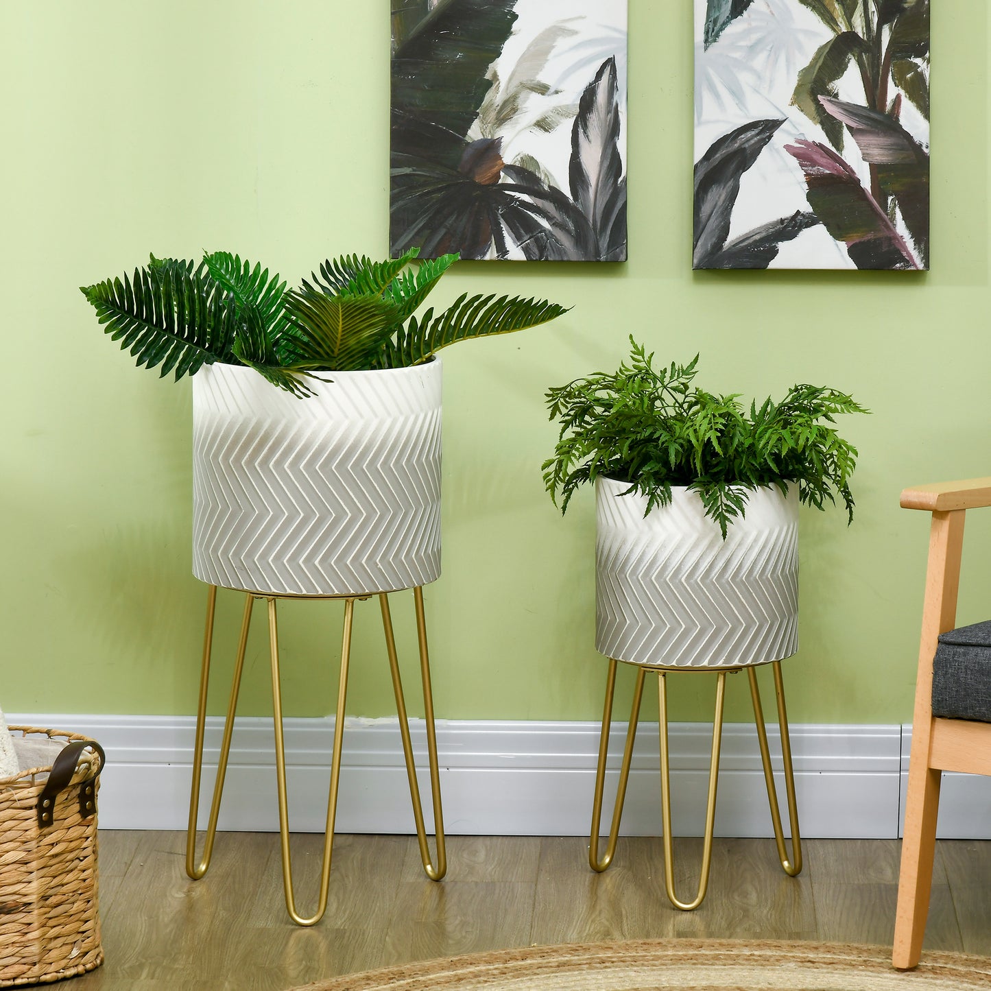 Bloemenstandaard – Plantenstandaard – Bloemenrek – Plantenrek – Bloementrap – Set van 2 – Metalen Frame – Decoratief Design – Hoogte 67 cm – Diameter 25 & 30 cm