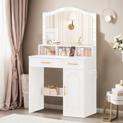 Kaptafel – Make-up Tafel – Cosmeticatafel – Vanity – Opmaaktafel – Wit met Gouden Accenten – Grote HD Spiegel – 2 Laden en Opbergkast