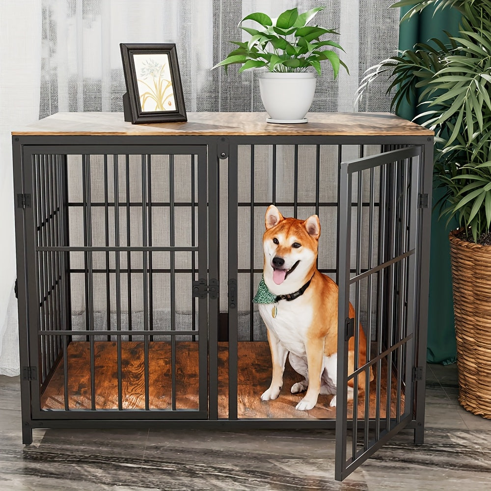 Hondenbench – Hondenkooi – Hondenmand – Puppyren – 90x62x68,5 CM – Stevig IJzeren Frame Met Houten Afwerking – Vier Deuren Met Tussenschot