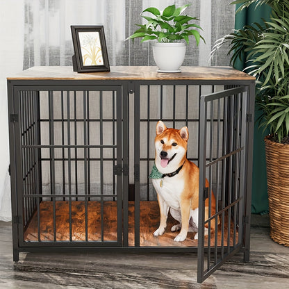 Hondenbench – Hondenkooi – Hondenmand – Puppyren – 90x62x68,5 CM – Stevig IJzeren Frame Met Houten Afwerking – Vier Deuren Met Tussenschot