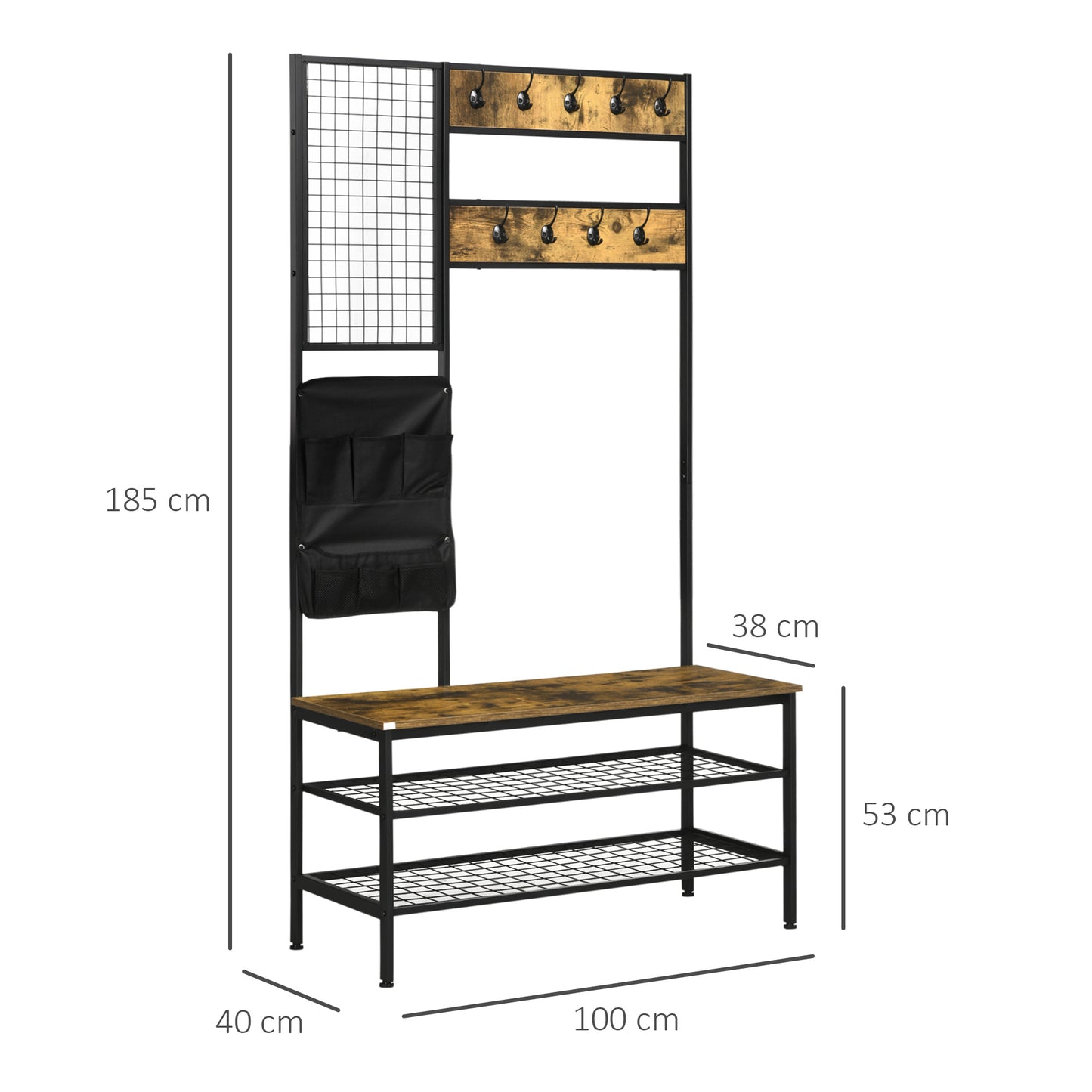 Kapstok – Garderobe – Kledingrek – Wandkapstok – Staande Kapstok – Industrieel Design – 9 Haken – Zitbank Met Schoenenrek – Zwart Bruin – Hout Metaal – 185 cm Hoog
