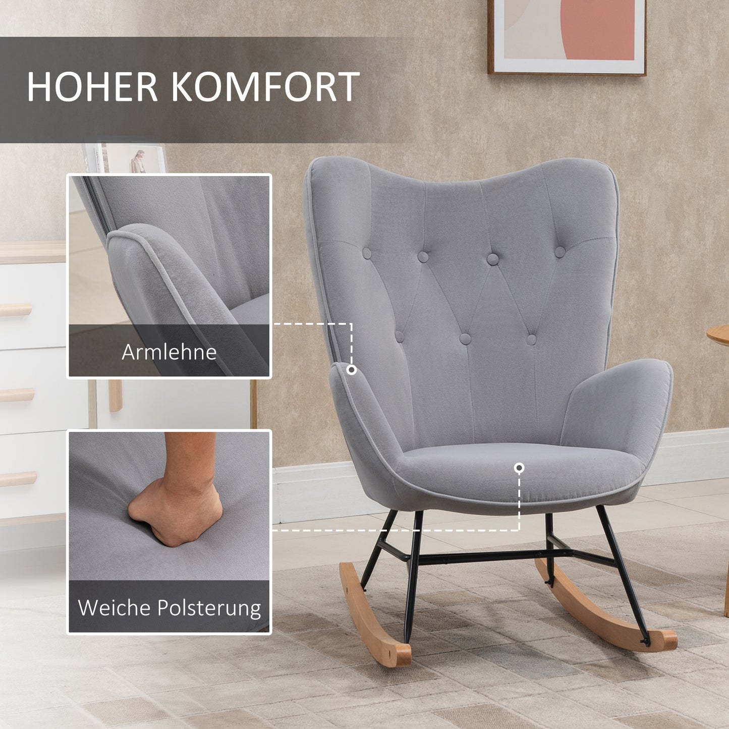 Draaifauteuil – Fauteuil – Loungestoel – Relaxstoel – Schommelstoel – Fluwelen stof – Houten sledeloper – Maximale draagkracht 150 kg – Lichtgrijs