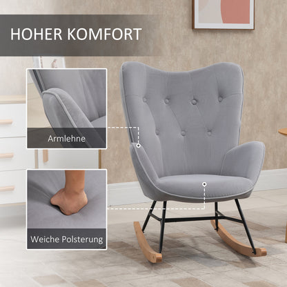 Schommelstoel – Relaxstoel – Rocking Chair – Schommelstoel Velvet – Stoel Lichtgrijs – Velvetlook Quilting – Houten Sledes – Draaggewicht 150 kg