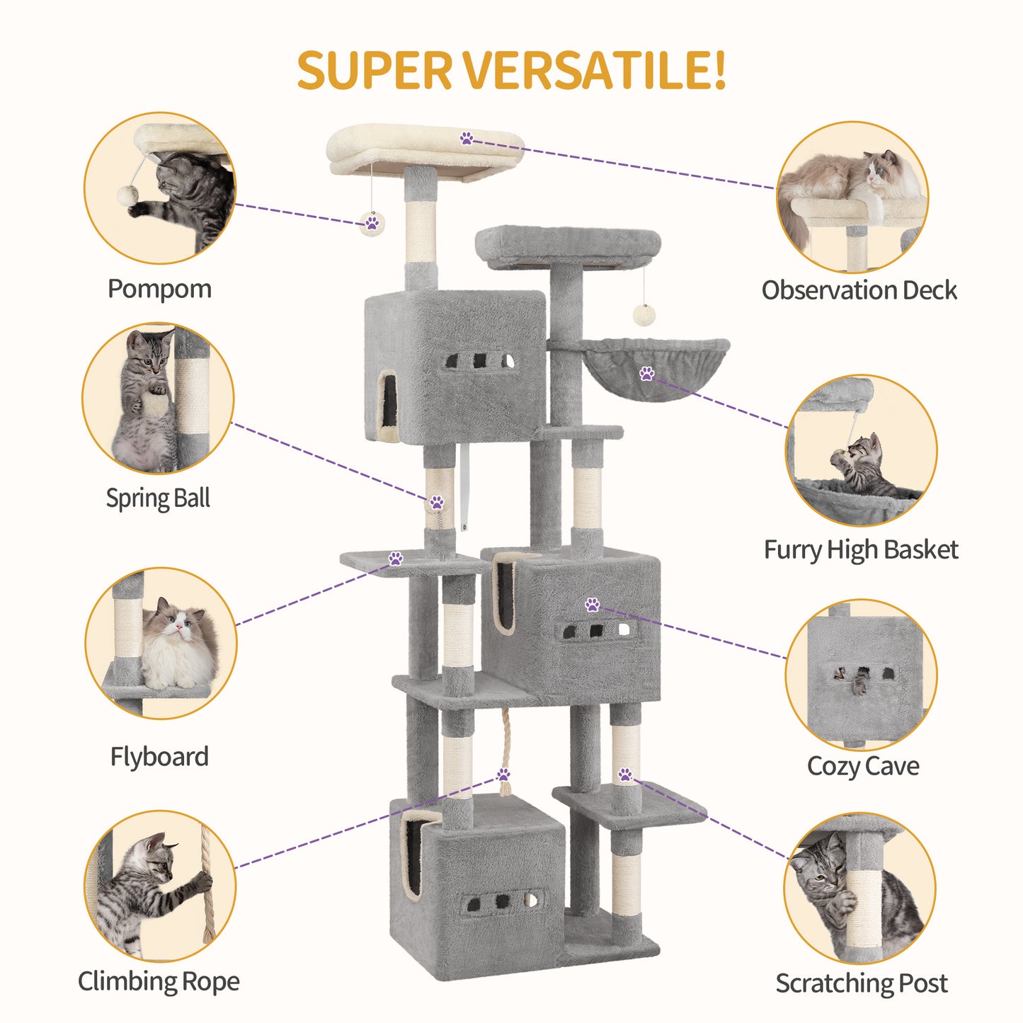 Krabpaal – Kattenboom – Krabmeubel – Kattenhuis – Kattentoren – 193 cm Hoog – Moderne Lichtgrijs – 7 Niveaus – Sisal Krabpalen – 2 Uitkijkplatforms – 3 Holletjes – 2 Wasbare Kussens