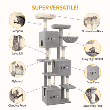 Krabpaal – Kattenboom – Krabmeubel – Kattenhuis – Kattentoren – 193 cm Hoog – Moderne Lichtgrijs – 7 Niveaus – Sisal Krabpalen – 2 Uitkijkplatforms – 3 Holletjes – 2 Wasbare Kussens