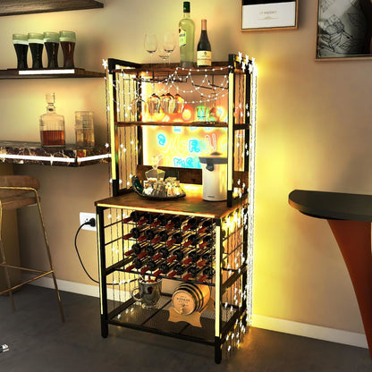 Wijnkast – Wijnrek – Wijnbar – Wijnmeubel – Wijnkast met opbergruimte – Industrieel design – Ingebouwde 2 AC & 2 USB poorten – Voor 24 flessen, 9 glazen en 6 cups – Bruin/Zwart