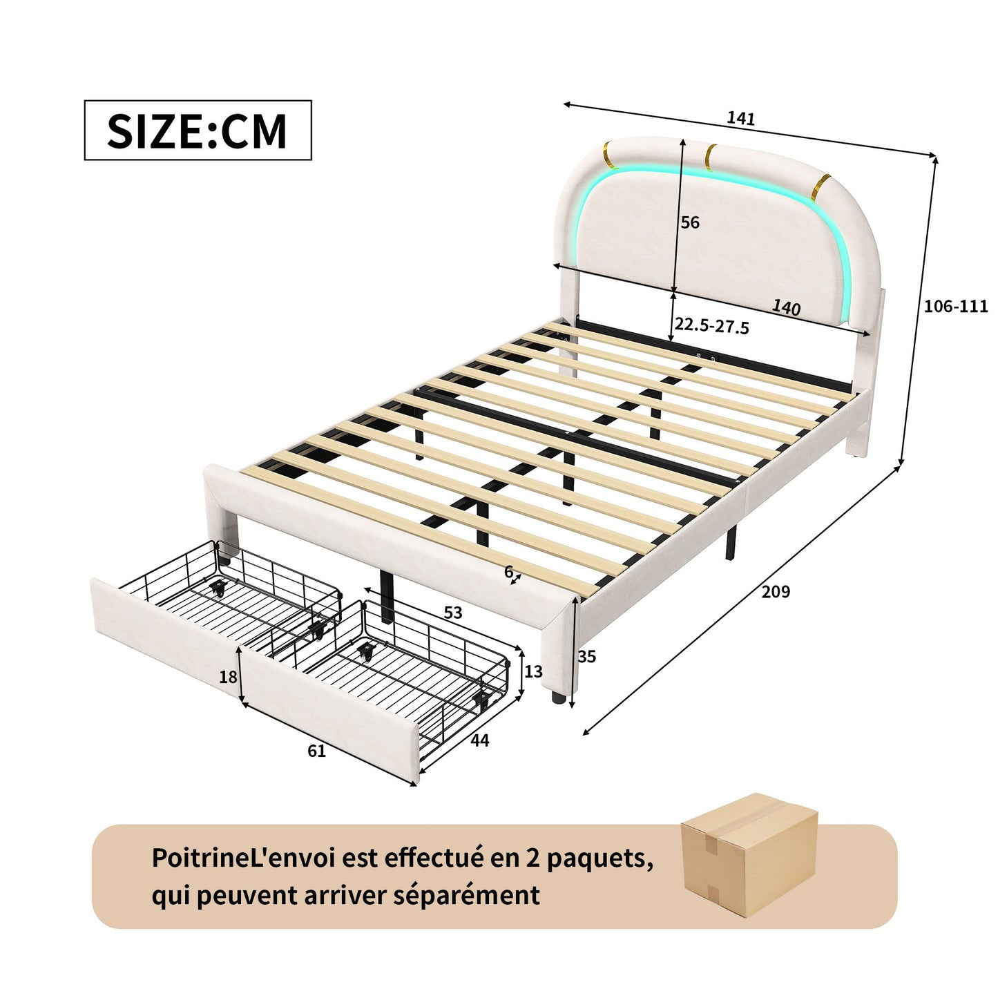 Upholstered Bed 140x200, Double Bed with Semi-Round Headboard, Adjustable Headboard, Storage Bed with 2 Drawers, Bed with Slatted Base, Single Bed, Beige