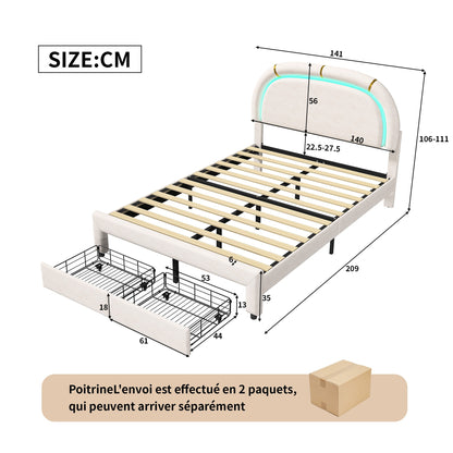 Upholstered Bed 140x200, Double Bed with Semi-Round Headboard, Adjustable Headboard, Storage Bed with 2 Drawers, Bed with Slatted Base, Single Bed, Beige