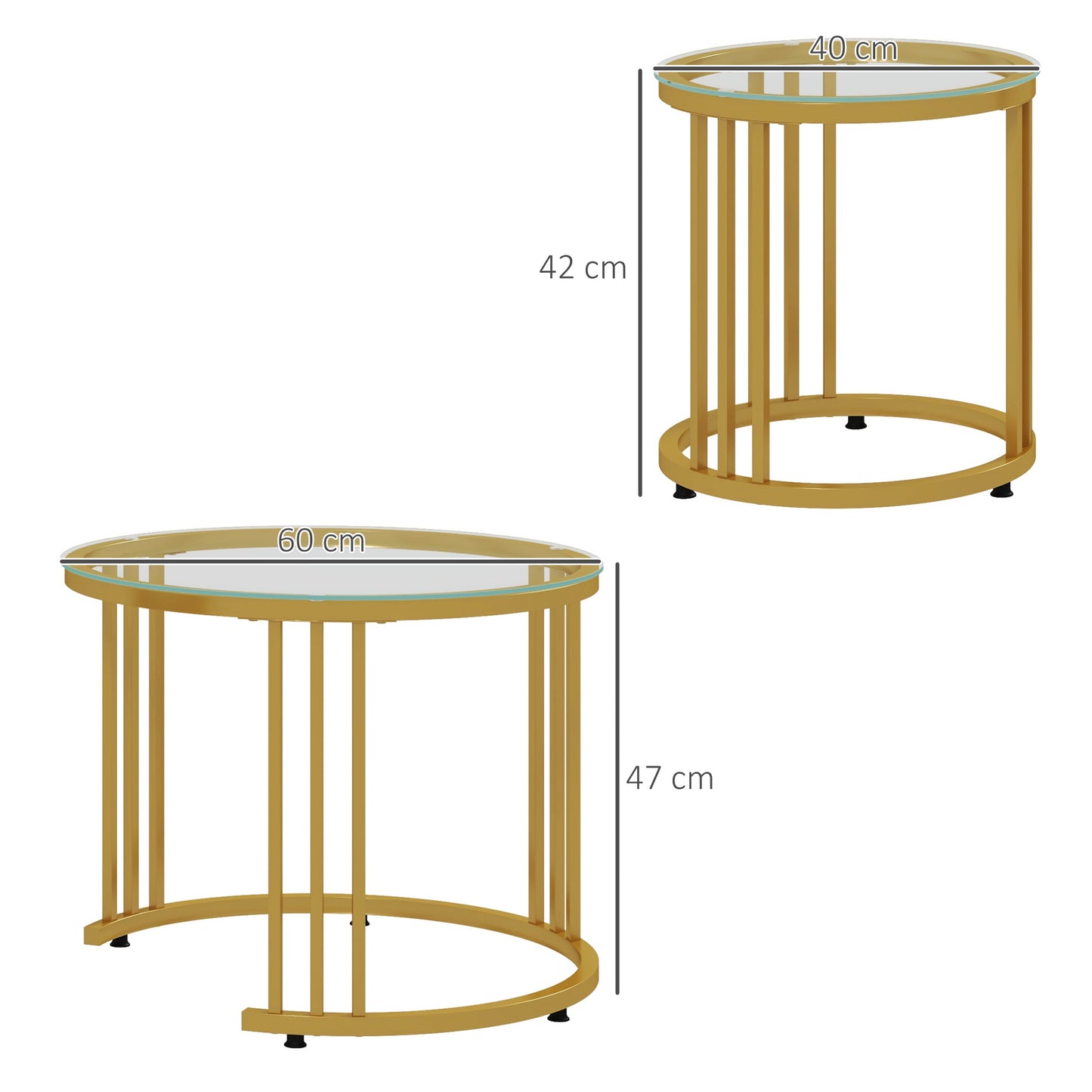 Salontafel – Koffietafel – Bijzettafel – Nesting Tafel – Rond – Gehard Glas – Carbon Stalen Frame – Set van 2 – Modern Goud Design