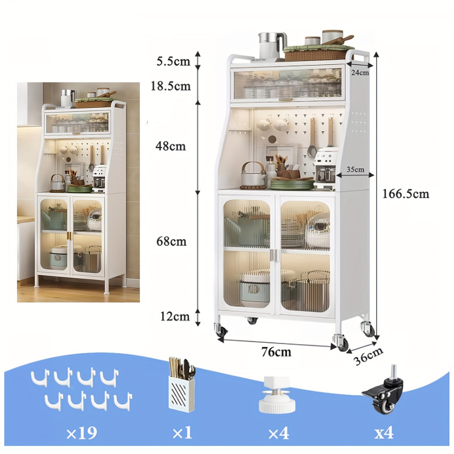 Keukenkast – Hoge Kast – Opbergkast – Magnetronkast – Buffetkast – Met Wielen – Verstelbare Planken – Met Werkblad – Stabiel Metaal – 86x36x160 cm – Wit