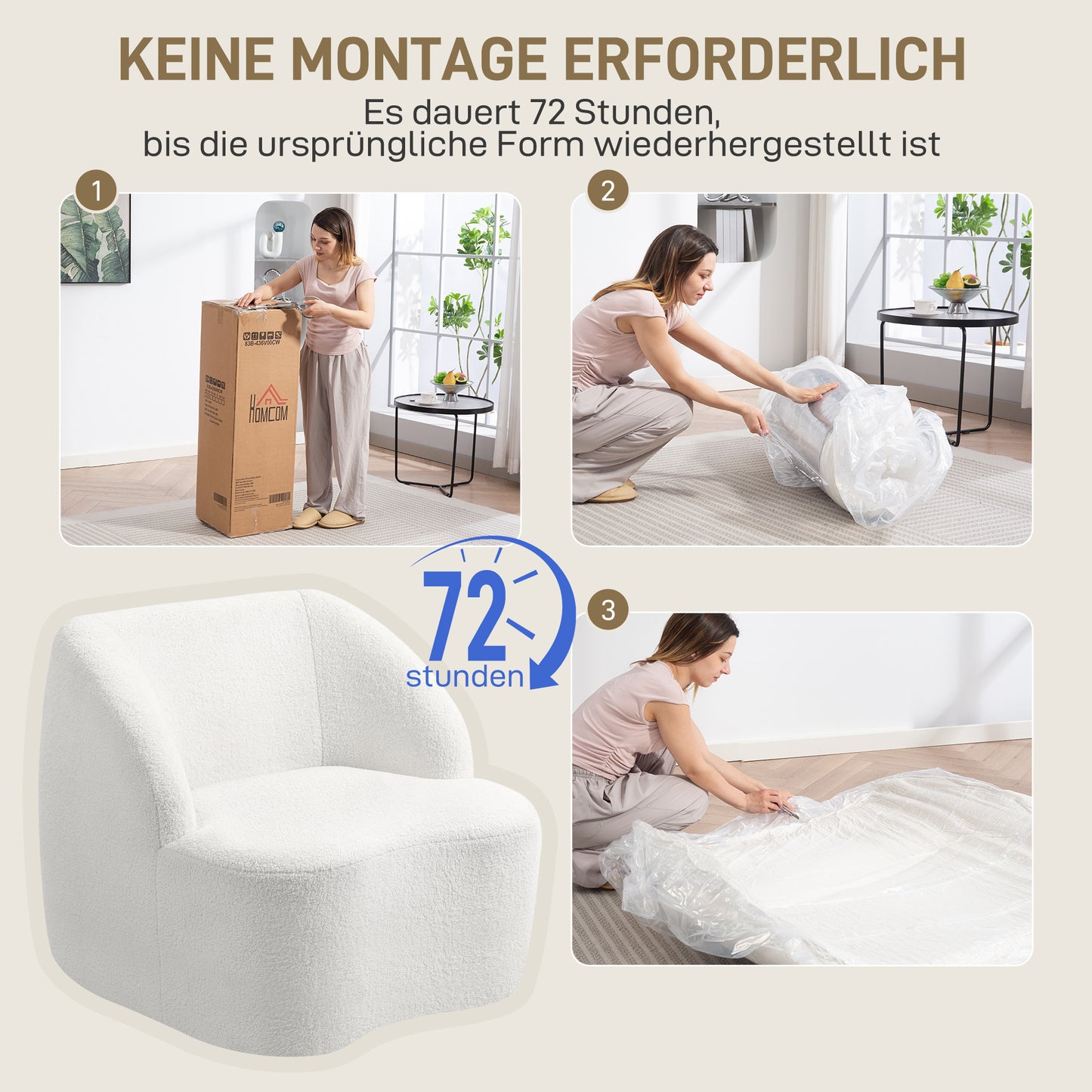 Fauteuil – Armstoel – Relaxstoel – Zitzetel – Lounge Chair – Crème Wit – Fleece Bekleding – Comfortabele Dikke Kussens