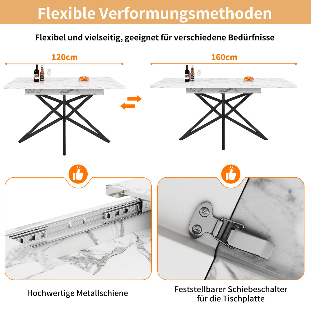 Uitklapbare Eettafel – Uitschuifbare Keukentafel – Verlengbare Tafel – Moderne Eetkamertafel – Ruimtebesparend – Wit Marmerlook Blad – 120-160 cm – Eenvoudige Montage