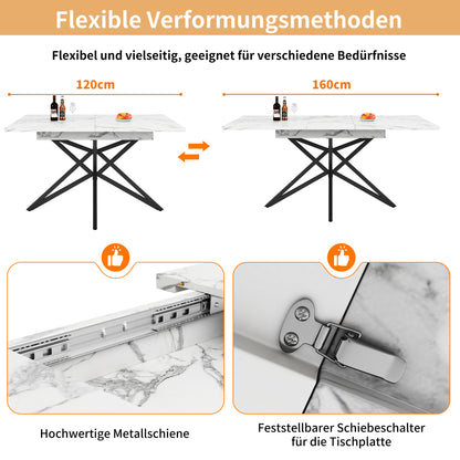 Uitklapbare Eettafel – Uitschuifbare Keukentafel – Verlengbare Tafel – Moderne Eetkamertafel – Ruimtebesparend – Wit Marmerlook Blad – 120-160 cm – Eenvoudige Montage