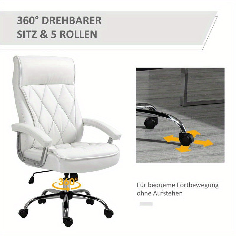 Bureaustoel – Ergonomische Stoel – Kantoormeubilair – Bureaustoel Met Wielen – Draaistoel – Verstelbare Zithoogte – Kantelfunctie – Witte Kunstleren Bekleding – Stevige Vijfwielbasis